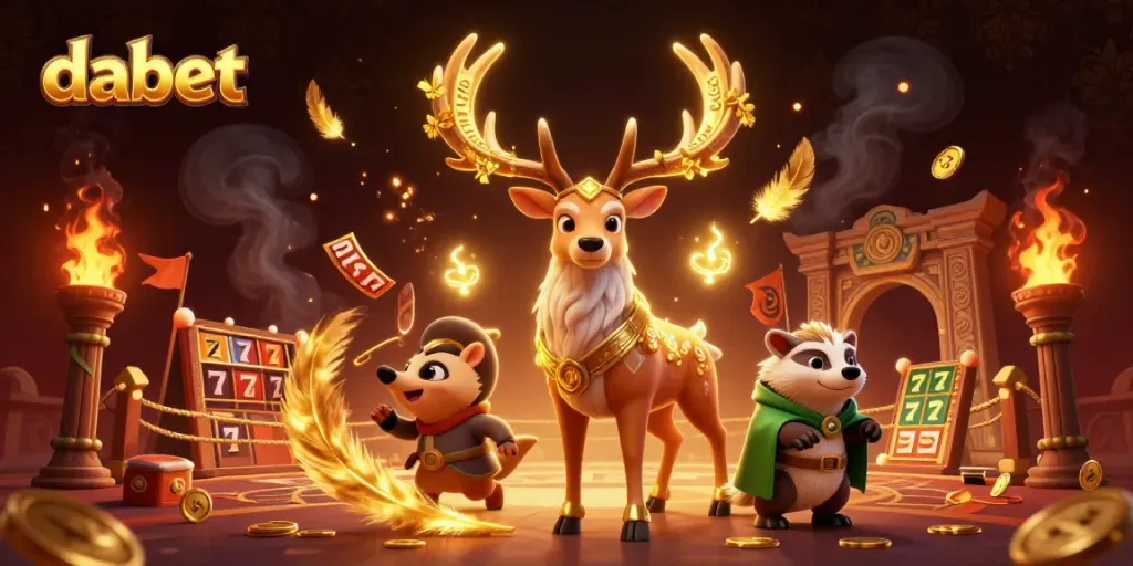 Dabet delights players with exciting slot reels and vibrant characters amidst a dynamic casino scene.