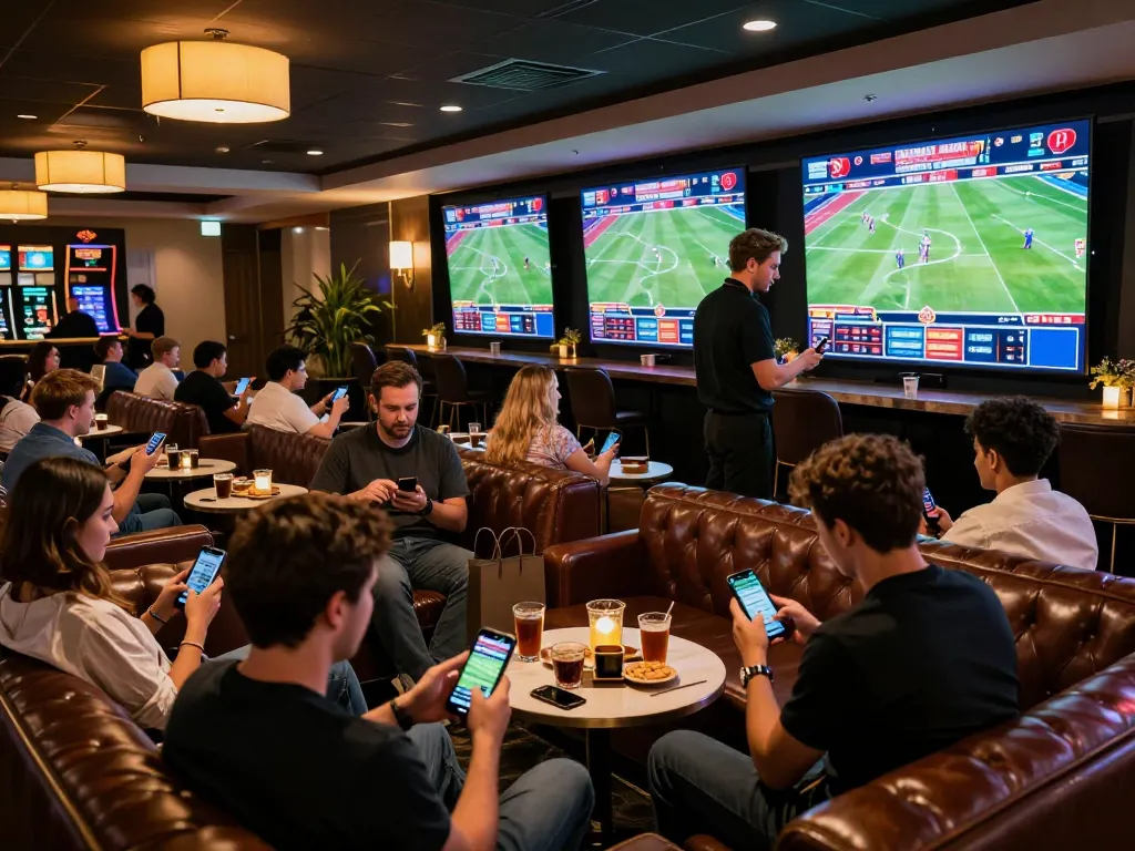 Engaged bettors analyzing odds on smartphone in luxury lounge environment at 78WIN.