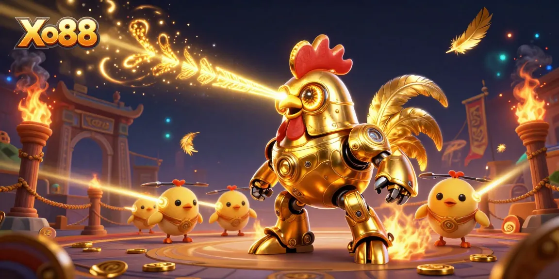 Xo88 launches a thrilling adventure with a gold rooster robot and chick drones in an exciting casino arena.