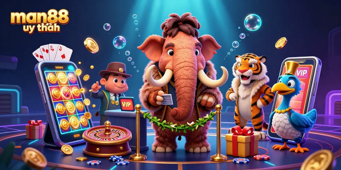 Experience excitement with man88 uy tín at the vibrant casino entrance featuring a mammoth bouncer and armed with virtual slot games.