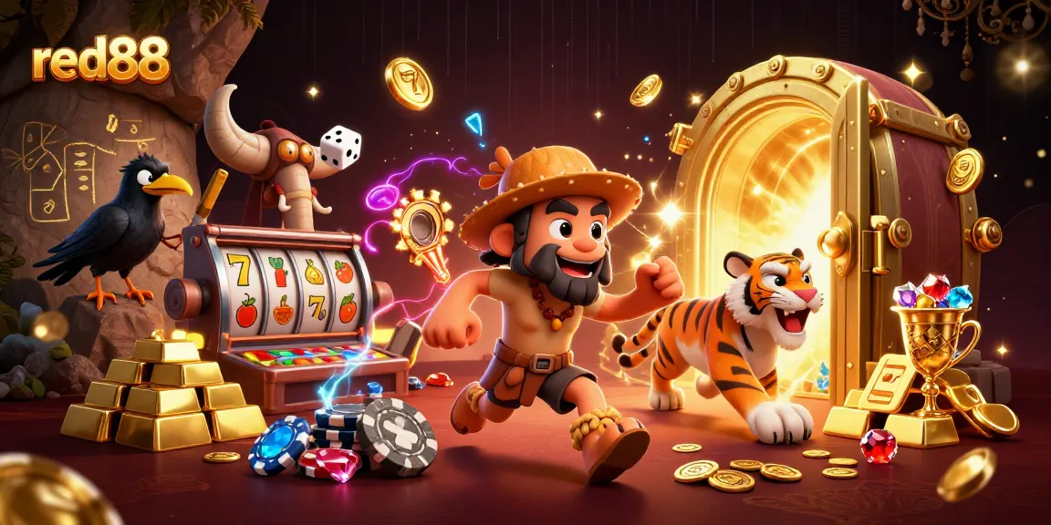 Experience the thrill of red88 with a vibrant prehistoric casino scene featuring engaging characters.
