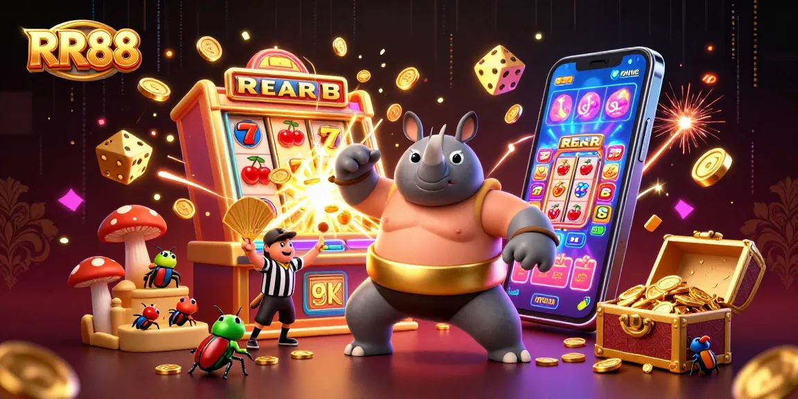 Witness RR88's dynamic gambling experience with a beetle champion surrounded by coins and vibrant casino elements.
