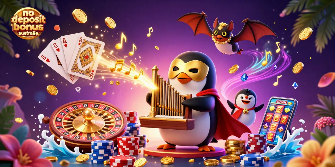 No deposit bonus Australia scene featuring a cartoon penguin at a golden pipe organ with flying coins and gems.