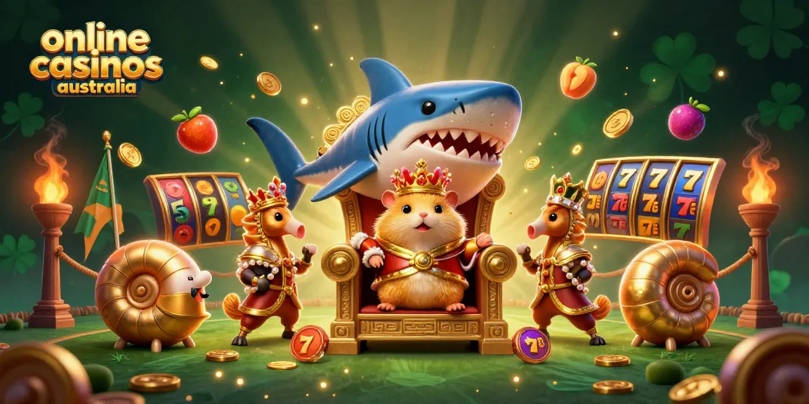 Experience the excitement of online casinos Australia with a vibrant 3D illustration featuring a golden hamster king surrounded by dynamic gambling elements.