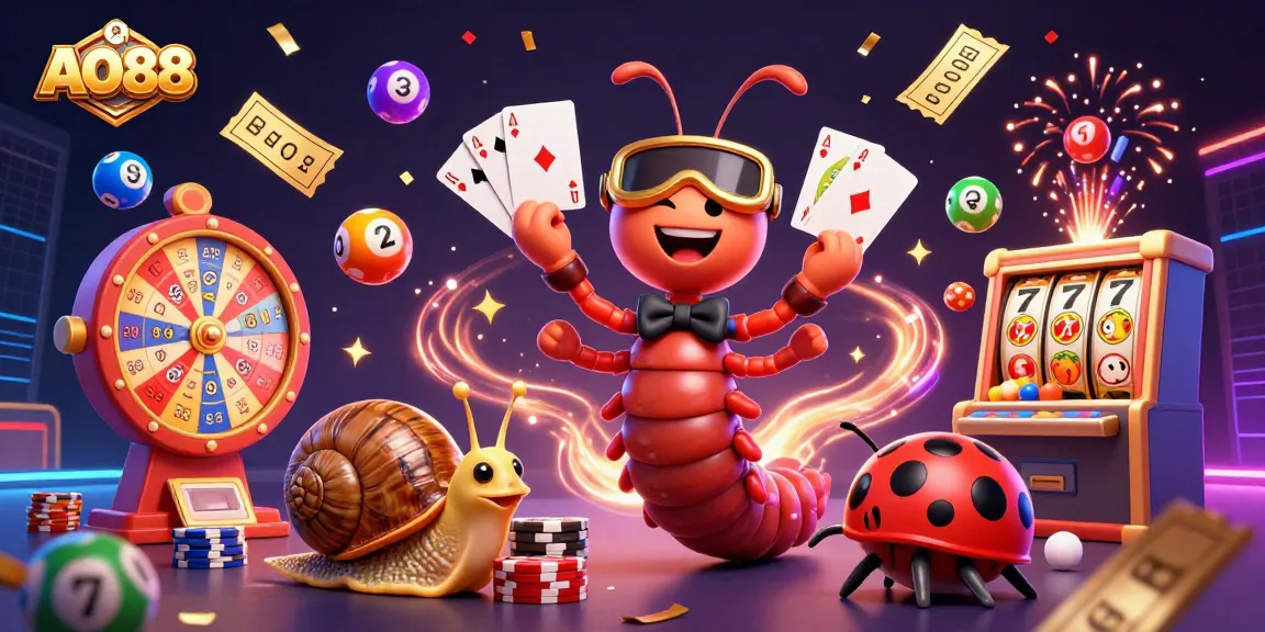 Experience the excitement of AO88 with a dynamic casino scene showcasing colorful lottery elements and a vibrant 3D dealer.