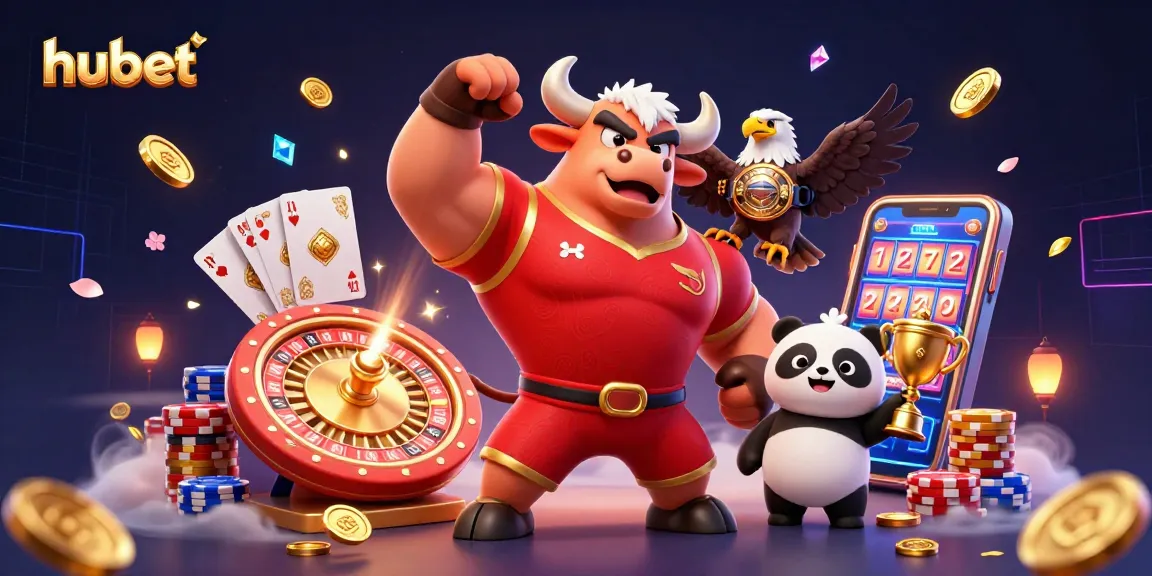 Engage in thrilling gameplay at hubet with a vibrant illustration of casino elements and characters.