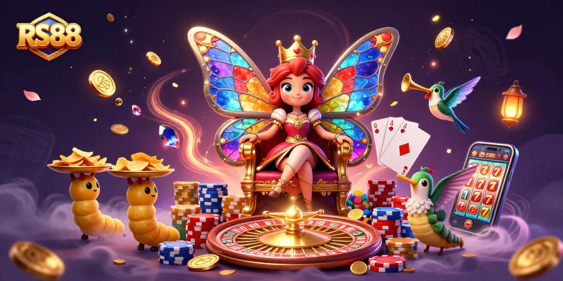 Experience the thrill of RS88 with a vibrant 3D casino scene featuring slot reels and dazzling gems.