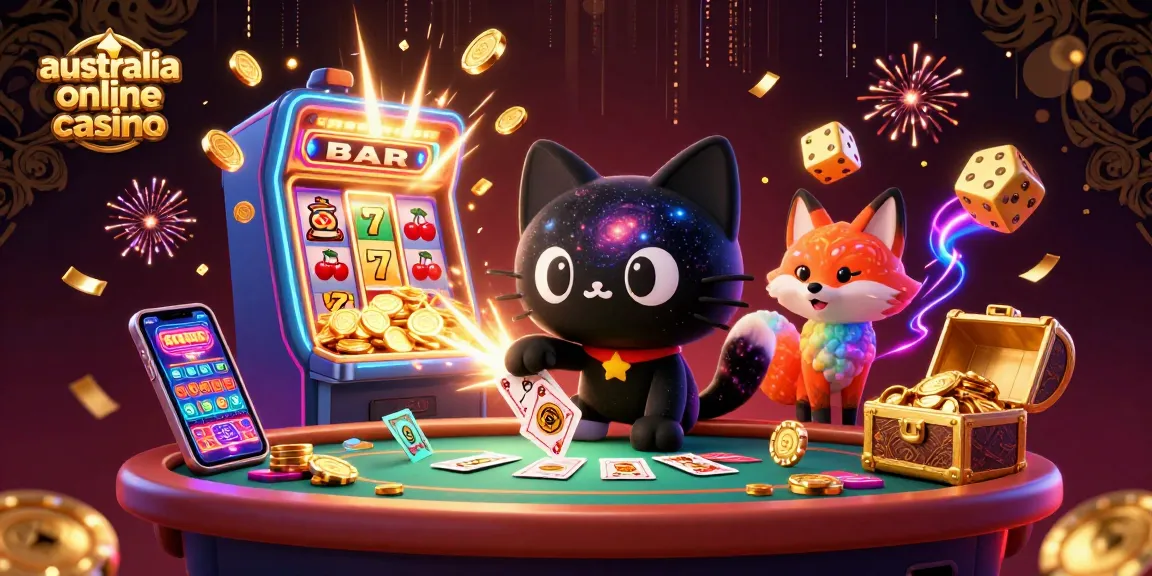 A dynamic scene showcasing a cosmic casino with a black hole cat and a nebula fox, featuring vibrant gaming action with australia online casino elements.