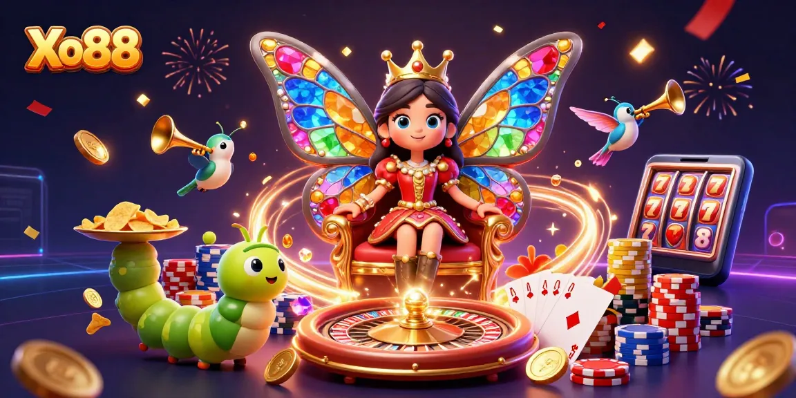Xo88 celebrates with a dazzling scene of a butterfly queen, roulette wheel, and colorful treasures.