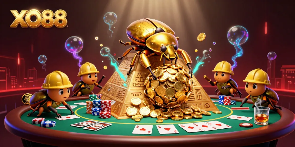 Engage in the thrill of casino betting with XO88, featuring giant golden beetles and vibrant poker elements.