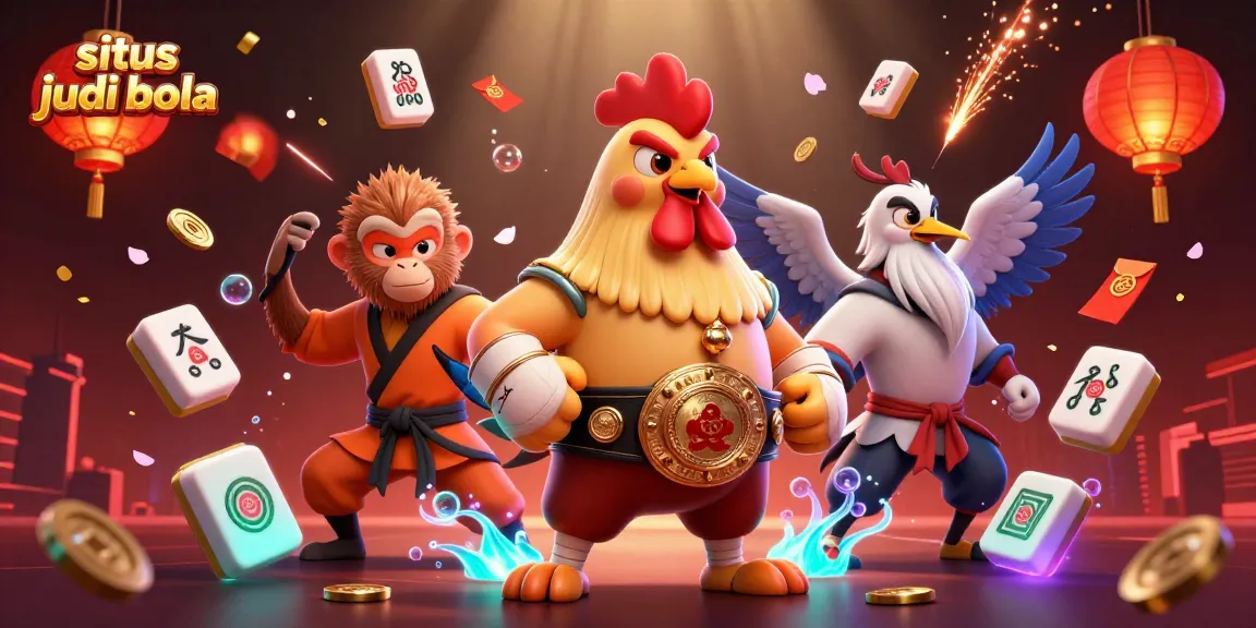 Situs judi bola dengan ilustrasi 3D ayam Muay Thai, monyet Shaolin, dan master bangau, menampilkan elemen taruhan yang menarik.