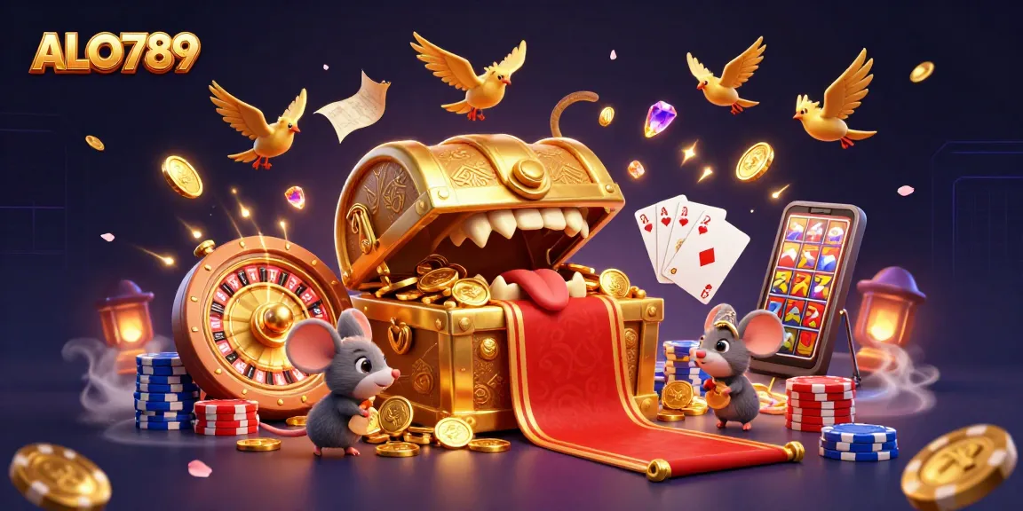 Engage with ALO789 as adventurer mice chase gold from a treasure chest amid dynamic casino elements.