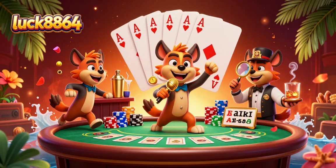 Engage in thrilling gaming action at luck8864 with vibrant 3D hyena characters and casino elements.