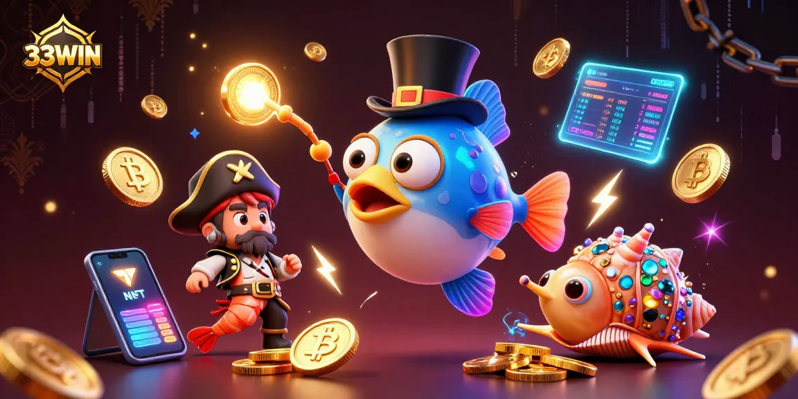 Engage with 33WIN in a dynamic underwater casino scene featuring golden coins and vibrant characters.