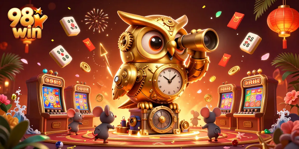 Engage with 98win's dynamic casino scene featuring an enchanting clockwork owl and animated characters.