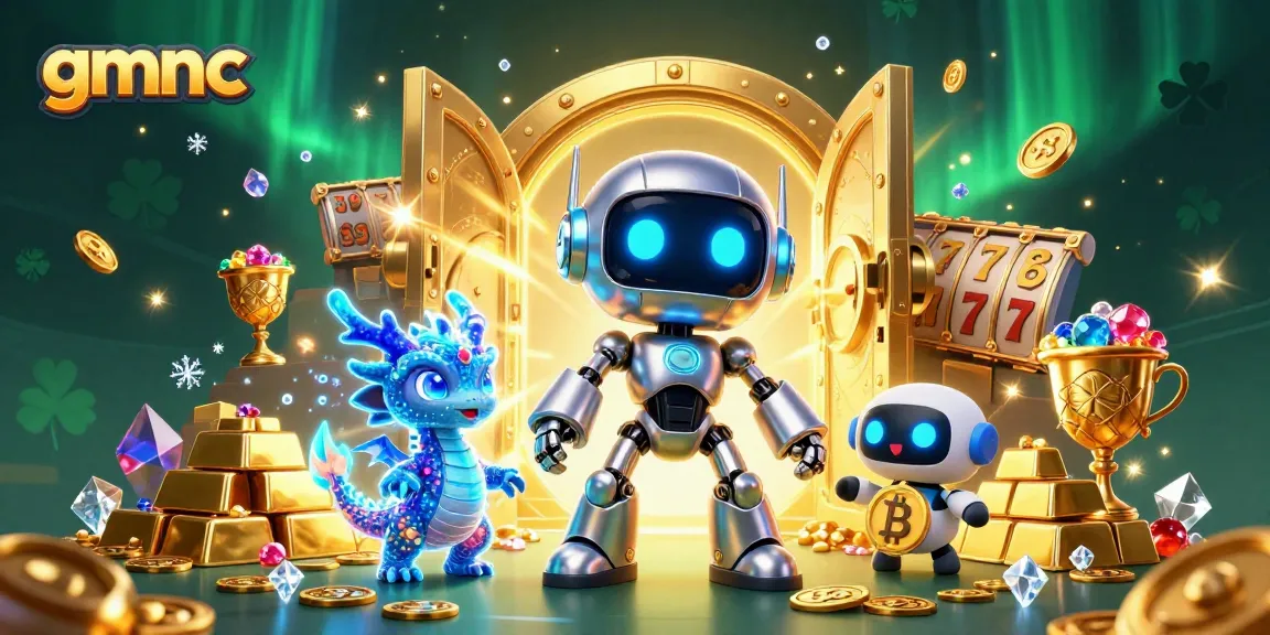 Engage with the vibrant gmnc digital casino landscape, featuring neon robots, bitcoins, and slot games.