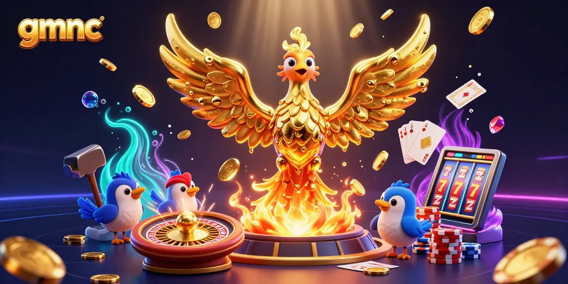 gmnc showcases a dynamic illustration of a golden phoenix emerging from a forge amidst cascading coins and casino elements.
