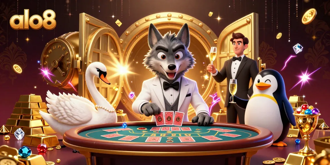 Spin the reels at alo8 while enjoying a vibrant casino scene with a charming wolf, swan dealer, and penguin sommelier.
