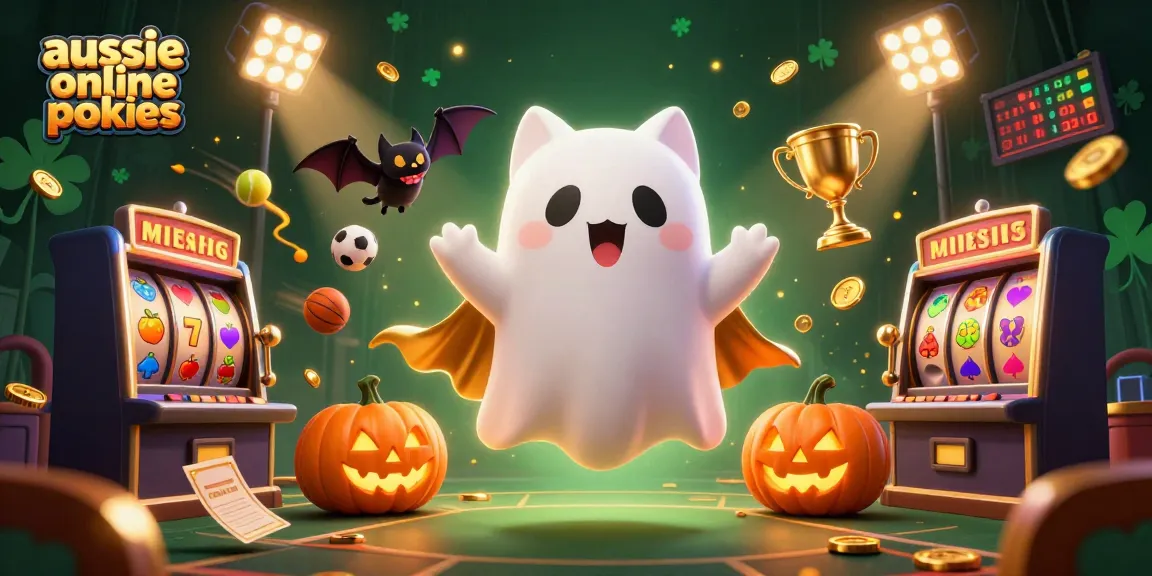 Aussie online pokies showcase with a friendly ghost cat, vampire bat, and casino elements