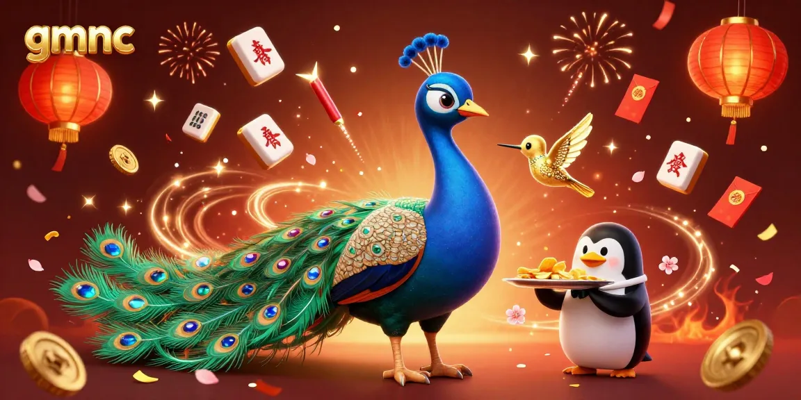 Experience vibrant gaming charm with gmnc, featuring a peacock, penguin, and hummingbird in a dazzling casino scene.