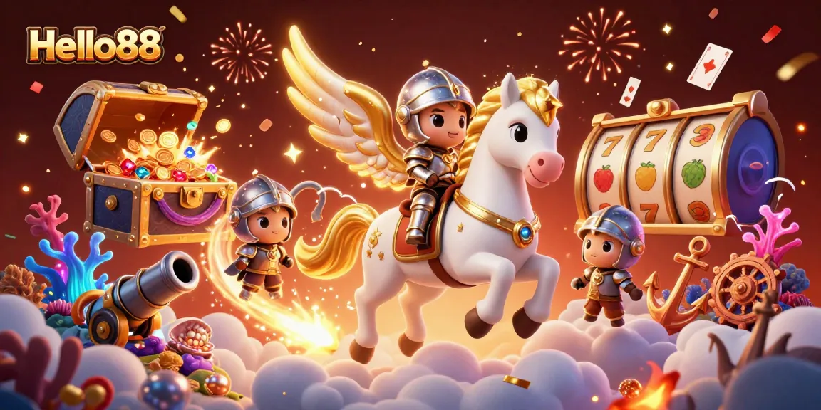Engage with Hello88 as the celestial knight and winged horse sweep through vibrant casino treasures.